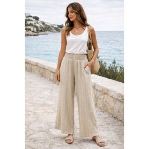 Women's Linen Blend Wide Leg Palazzo Pants M Smocked Waist Resort Coastal Grandm